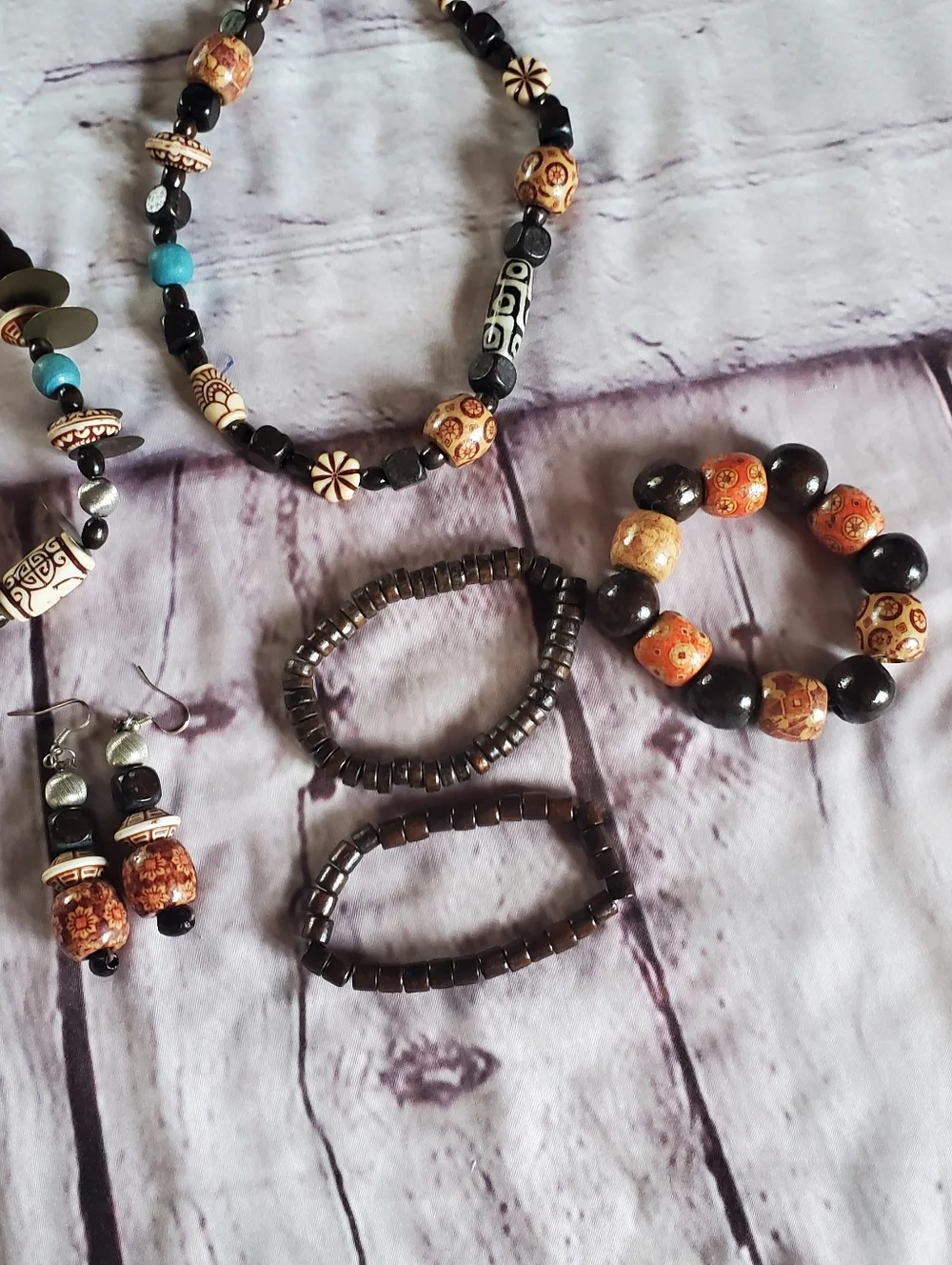 Bohemian Beaded Jewelry Set Handcrafted Necklace Bracelets Earrings Chunky Batik